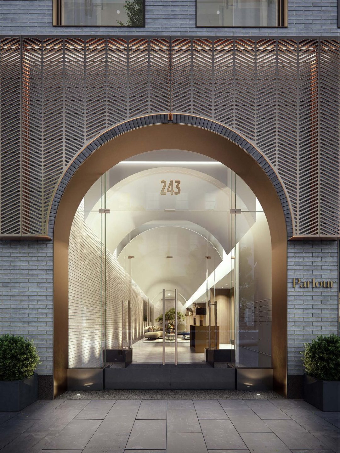 Rendering of Parlour's arched entrance with its bronze chevron screen