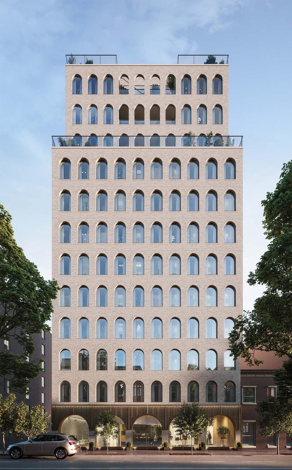 Rendering of Parlour's full arched brick tower facade